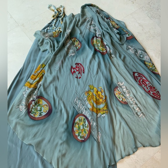 Sheer Silk Chiffon Blue Dragon Print Kimono Duster XLG NWT - Picture 3 of 7